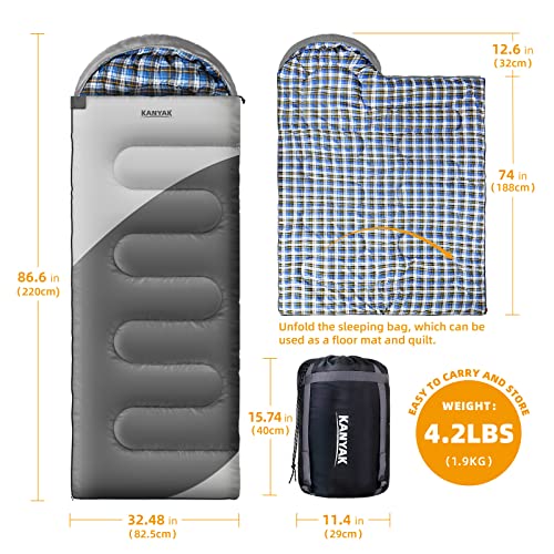 Kanyak Camping Sleeping Bag, 32℉ Sleeping Bags for Adults Kids Teens Cold Weather Warm Sleeping Bag Winter for 3-4 Season Camping, Camping Gear Equipment, Traveling, and Outdoors - Image 2
