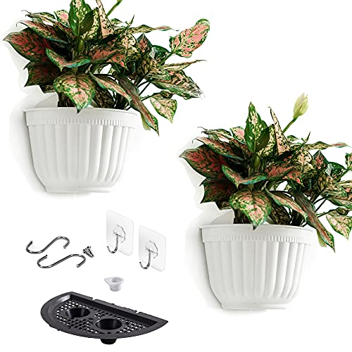 ORIMERC 2 Pack White Plastic Wall Hanging Planters for Indoor Plants Wall Hanging Plant Holder with Drainage Hole Balcony Planters Railing Hanging Pot Fence Vertical Living Wall Mount Decor with Hooks - Image 1