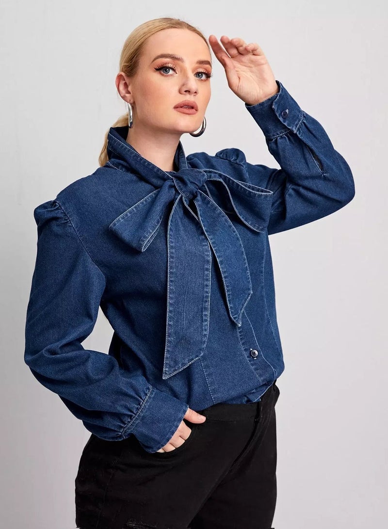Plus Tie Neck Puff Sleeve Denim Blouse - Image 1