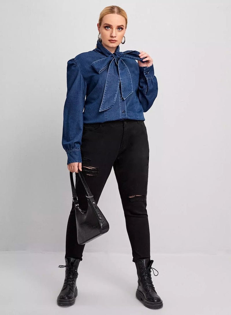Plus Tie Neck Puff Sleeve Denim Blouse - Image 4
