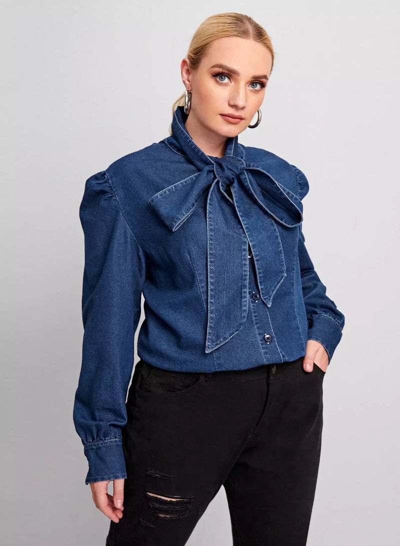Plus Tie Neck Puff Sleeve Denim Blouse - Image 5