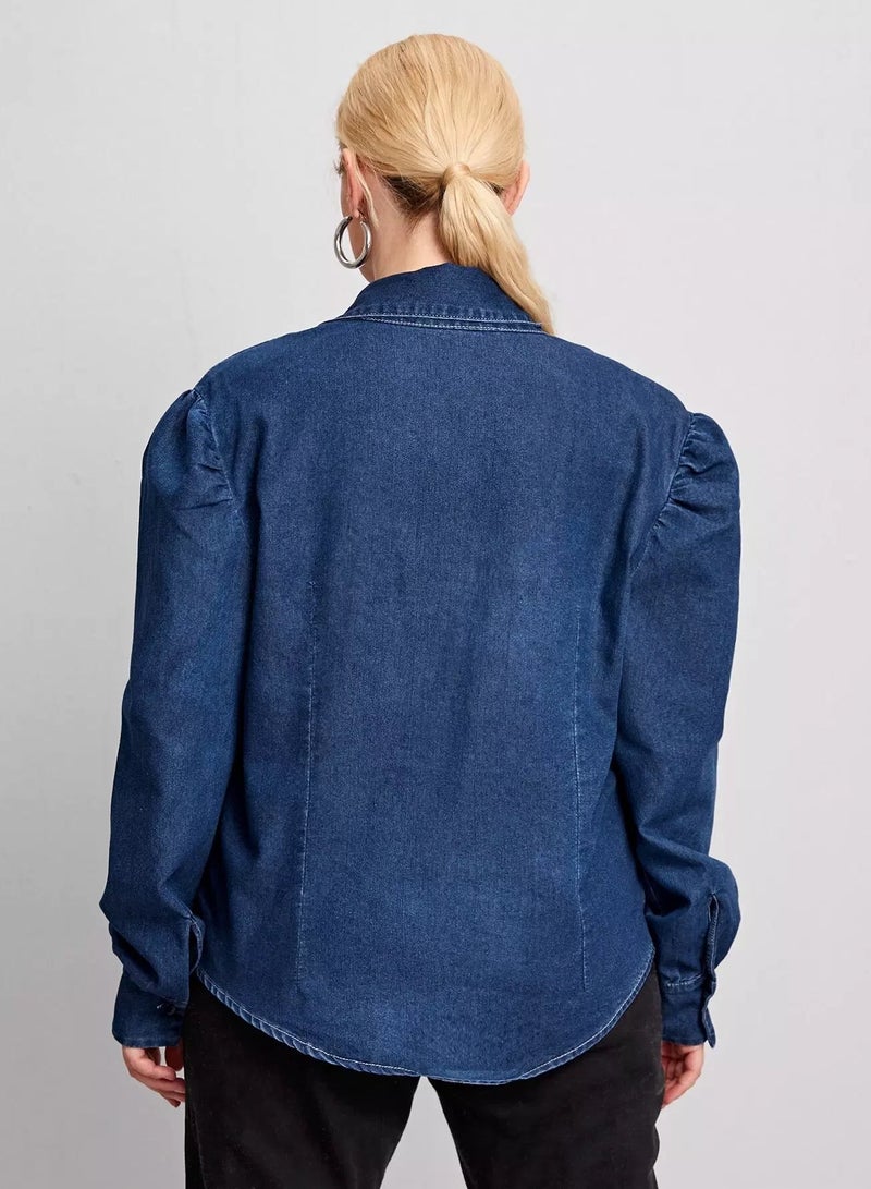 Plus Tie Neck Puff Sleeve Denim Blouse - Image 2