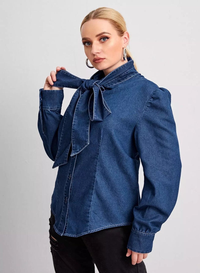 Plus Tie Neck Puff Sleeve Denim Blouse - Image 3