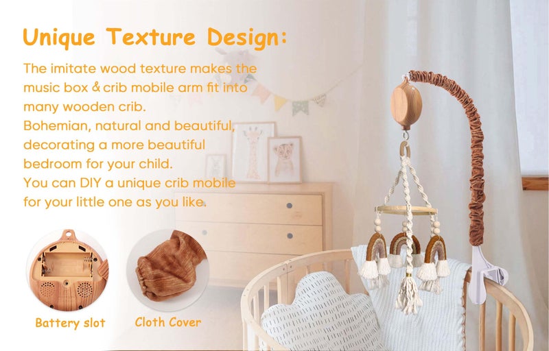JILPAK Crib Mobile Arm with Music Box - Imitation Wood - 23 Inch Mobile Arm for Crib - Crib Mobile Motor Battery Operated - Volume Control - 9 Lullabies - Crib Toys Attachments - Holder for DIY Clamp Mobile - Image 5