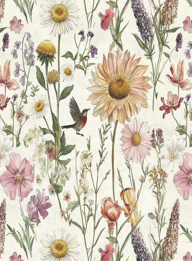 Livebor Floral Peel and Stick Wallpaper Floral Bird Contact Paper 16.9inch x 118.1inch Vintage Flower Wallpaper Peel and Stick Self Adhesive Flower Contact Paper Botanical Decor for Bathroom Vinyl - Image 1