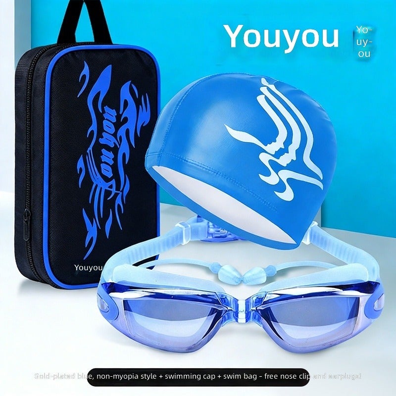 Electroplated Blue Set Swimming Goggles - Sophisticated Waterproof Anti-Fog Design