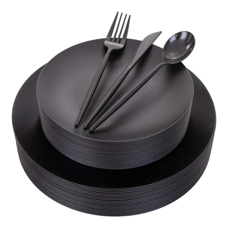 EI 150pcs Black Plastic Plates Frosted Plastic PlatePremium Heavy Duty Black Plastic PlatesBlack Disposable Plates with Black Plastic Silverware1025 Dinner Plates and 75 Dessert Plate