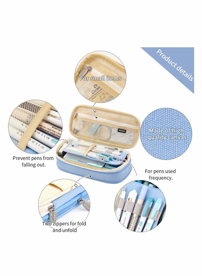 KASTWAVE Big Capacity Pencil Pen Case, Office College School Large Storage High Capacity Bag Pouch Holder Box Organizer Light, (Blue) - Image 3