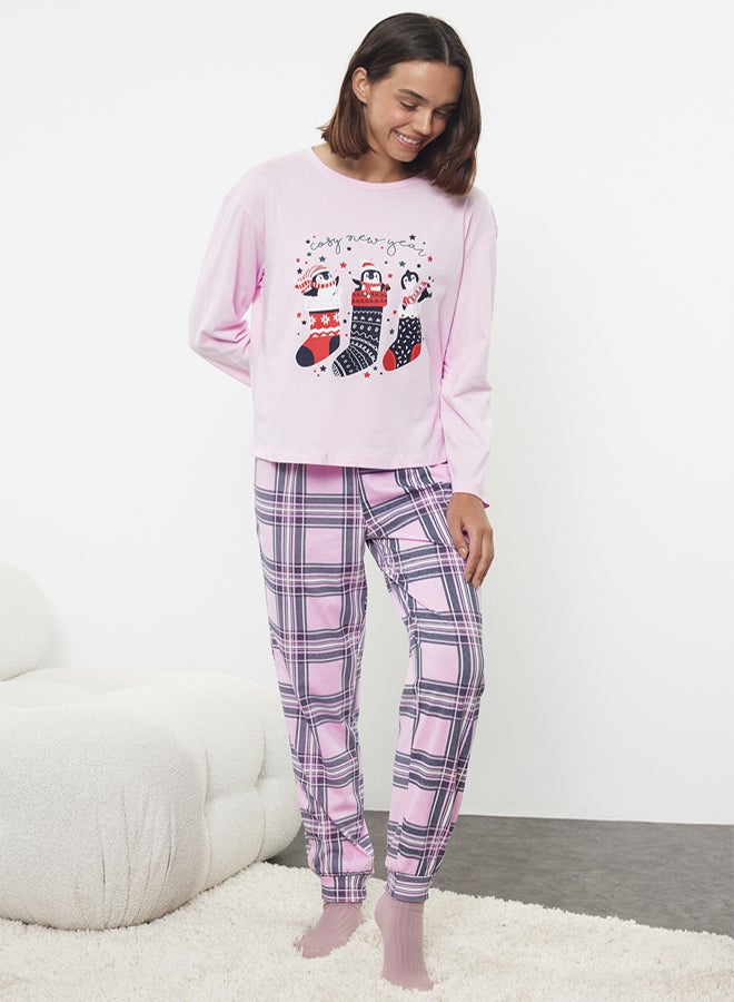 trendyol Pink-Multicolored 100% Cotton Winter Themed Plaid Knitted Pajama Set - Image 3