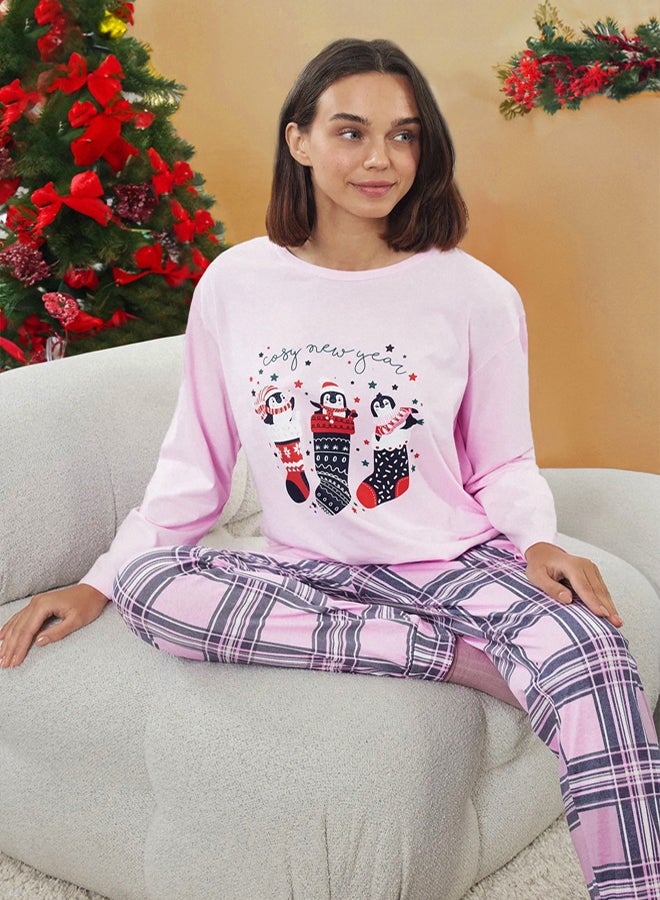 trendyol Pink-Multicolored 100% Cotton Winter Themed Plaid Knitted Pajama Set - Image 1