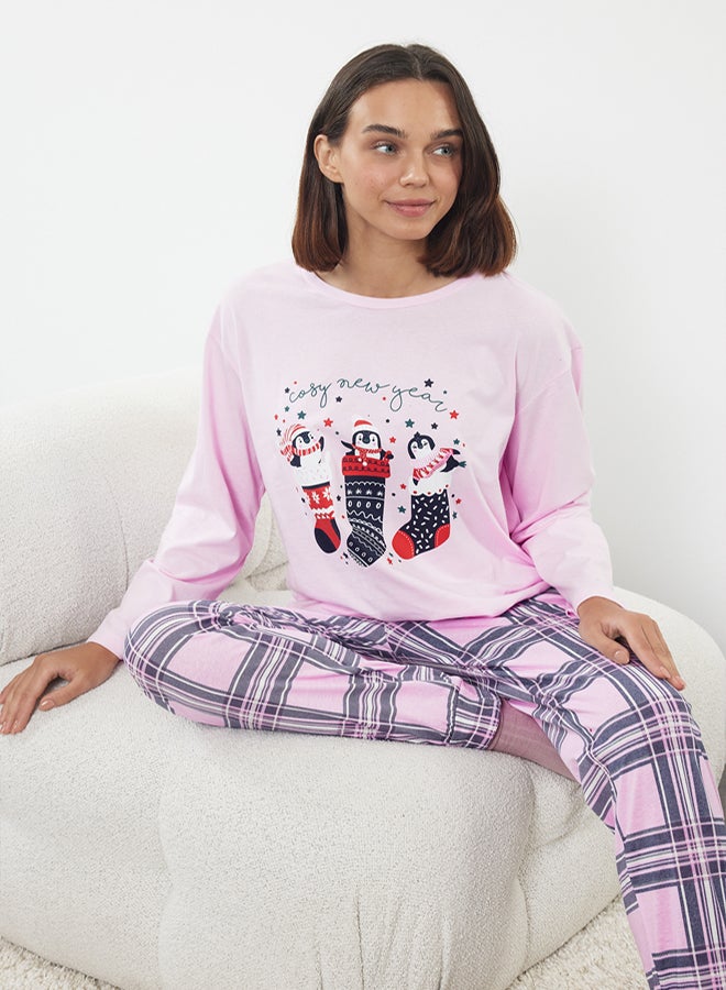 trendyol Pink-Multicolored 100% Cotton Winter Themed Plaid Knitted Pajama Set - Image 2