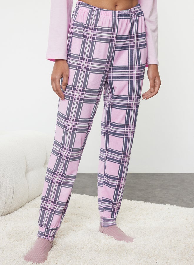 trendyol Pink-Multicolored 100% Cotton Winter Themed Plaid Knitted Pajama Set - Image 4