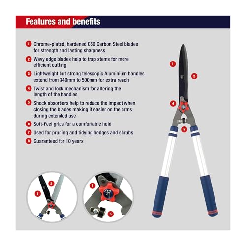 Spear  Jackson Spear & Jackson 8120RS Razorsharp Telescopic Shrub & Hedge Shears. Lightweight aluminium handles - Ideal for Trimming Borders, Boxwood and Bushes, Blue & Silver - Image 2