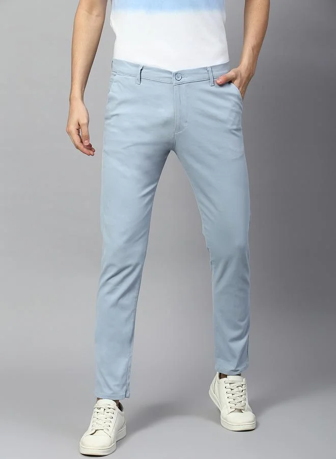 Dennis Lingo Men's Tapered Fit Light Blue Cotton Chinos - Mid-Rise, Full Length, Button & Zip Closure,