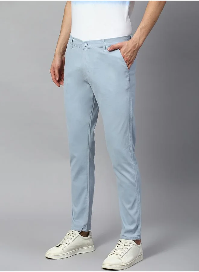 Dennis Lingo Men's Tapered Fit Light Blue Cotton Chinos - Mid-Rise, Full Length, Button & Zip Closure,