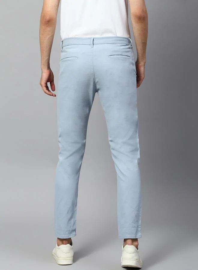 Dennis Lingo Men's Tapered Fit Light Blue Cotton Chinos - Mid-Rise, Full Length, Button & Zip Closure,