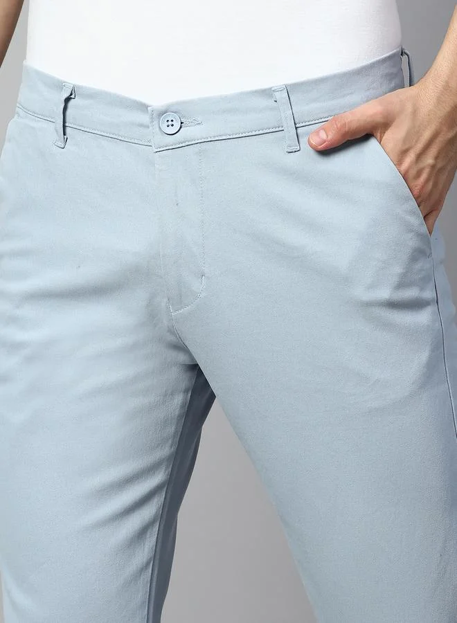 Dennis Lingo Men's Tapered Fit Light Blue Cotton Chinos - Mid-Rise, Full Length, Button & Zip Closure,