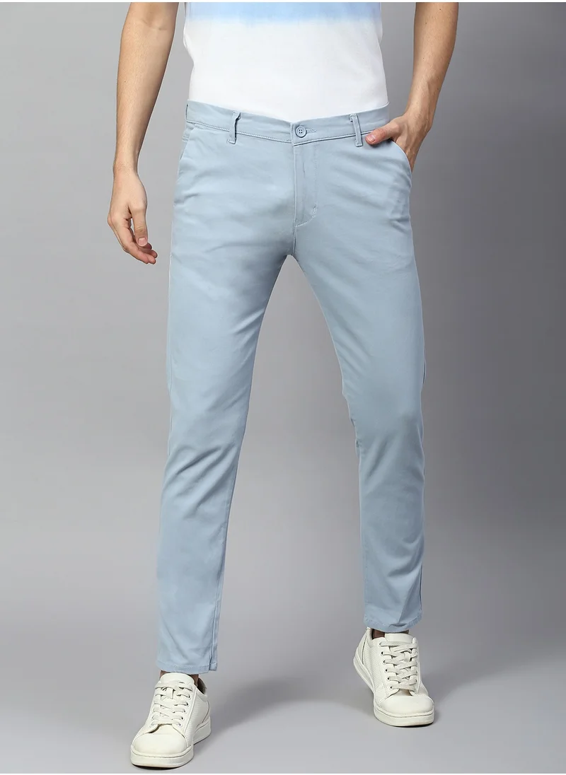 Dennis Lingo Men's Tapered Fit Light Blue Cotton Chinos - Mid-Rise, Full Length, Button & Zip Closure