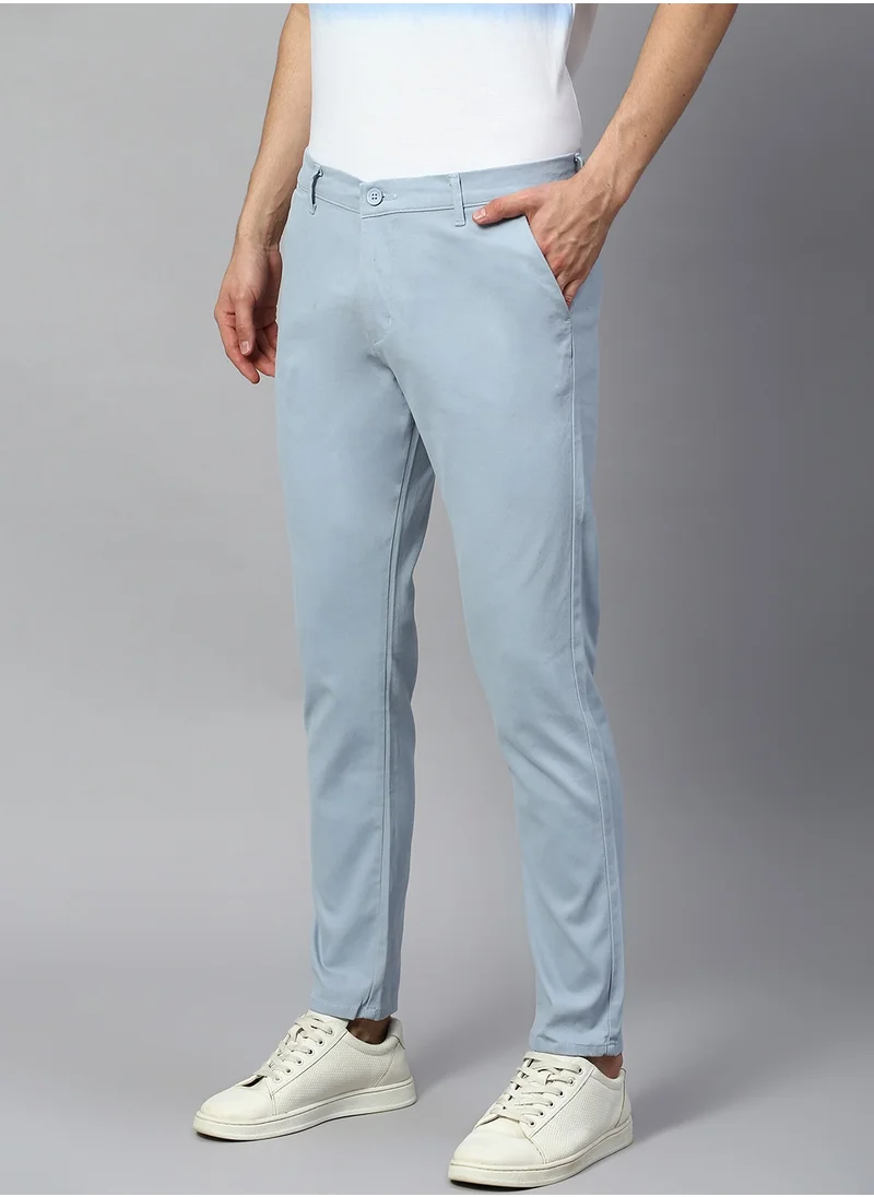 Dennis Lingo Men's Tapered Fit Light Blue Cotton Chinos - Mid-Rise, Full Length, Button & Zip Closure