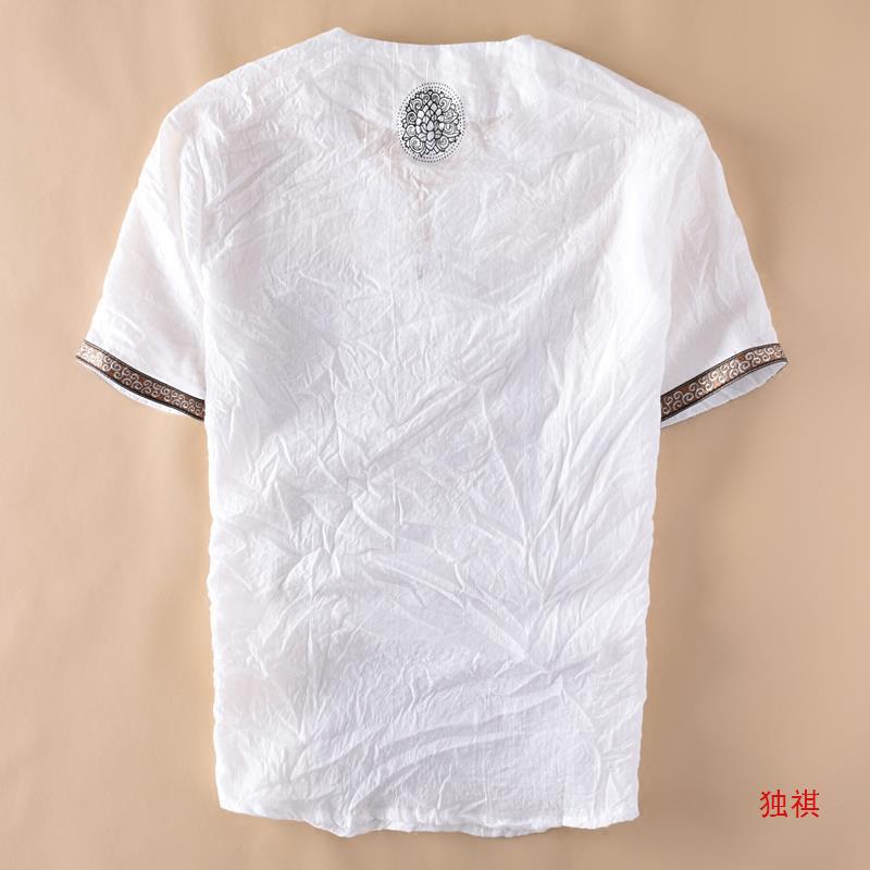 Chinese Style Buckle Linen Short-Sleeved T-Shirt Men'S Thin Casual Pleated Stretchy Cotton Linen Top Men'S Summer T-Shirt - Image 2