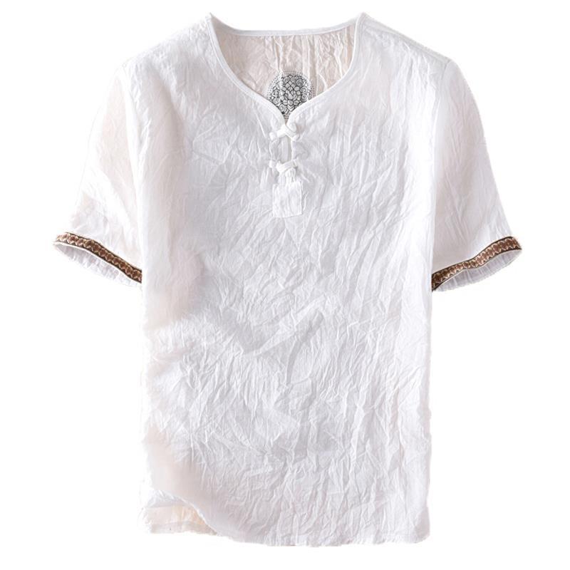 Chinese Style Buckle Linen Short-Sleeved T-Shirt Men'S Thin Casual Pleated Stretchy Cotton Linen Top Men'S Summer T-Shirt - Image 5