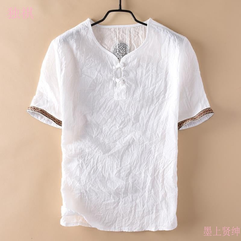 Chinese Style Buckle Linen Short-Sleeved T-Shirt Men'S Thin Casual Pleated Stretchy Cotton Linen Top Men'S Summer T-Shirt - Image 1
