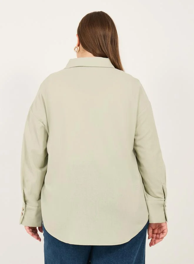 Styli Solid Button Down Oversized Long Sleeve Shirt