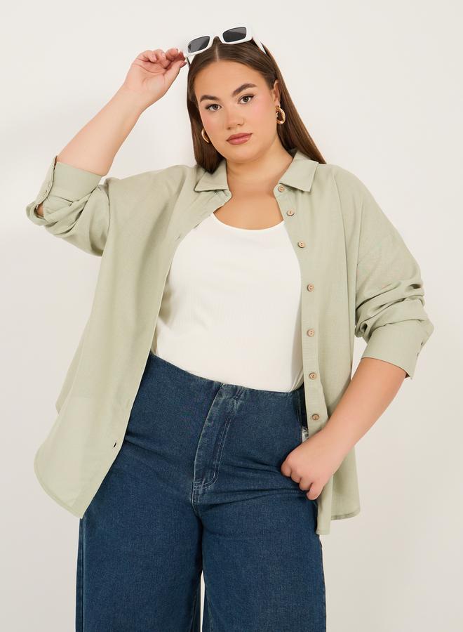 Styli Solid Button Down Oversized Long Sleeve Shirt - Image 1