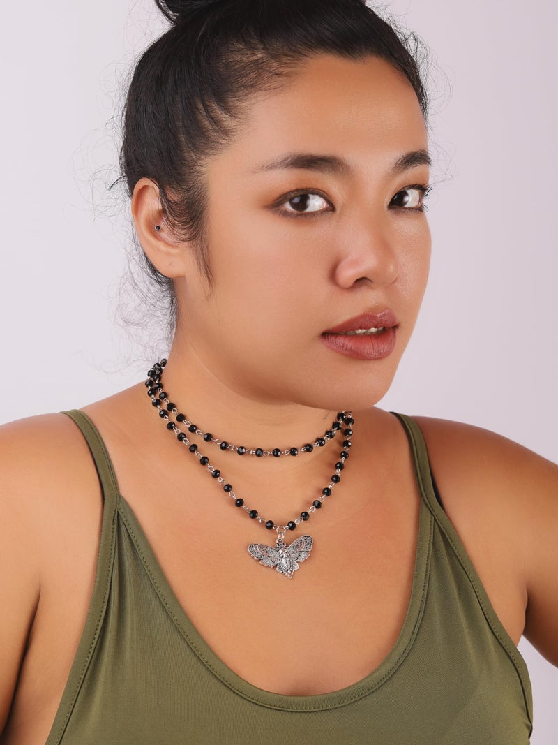 Sacina Layered Black Moth Skull Choker, Black Beaded Choker, Gothic Goth Necklace, Christmas Jewelry Gift for Women - Image 4