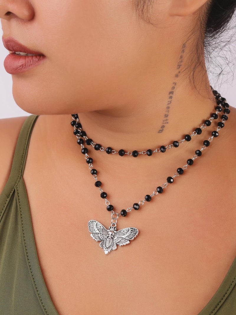 Sacina Layered Black Moth Skull Choker, Black Beaded Choker, Gothic Goth Necklace, Christmas Jewelry Gift for Women - Image 2