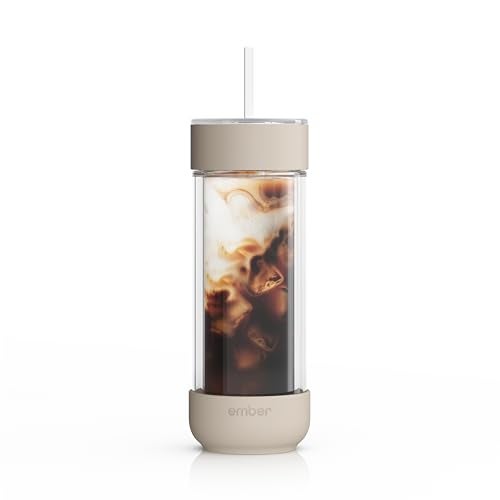 Ember Cold Tumbler 16 oz – Insulated Glass Iced Coffee Cup with Straw & Spill-Proof Lid, Keeps Drinks Cold, Eliminates Condensation, Modern Double-Wall Design, Sandstone - Image 1
