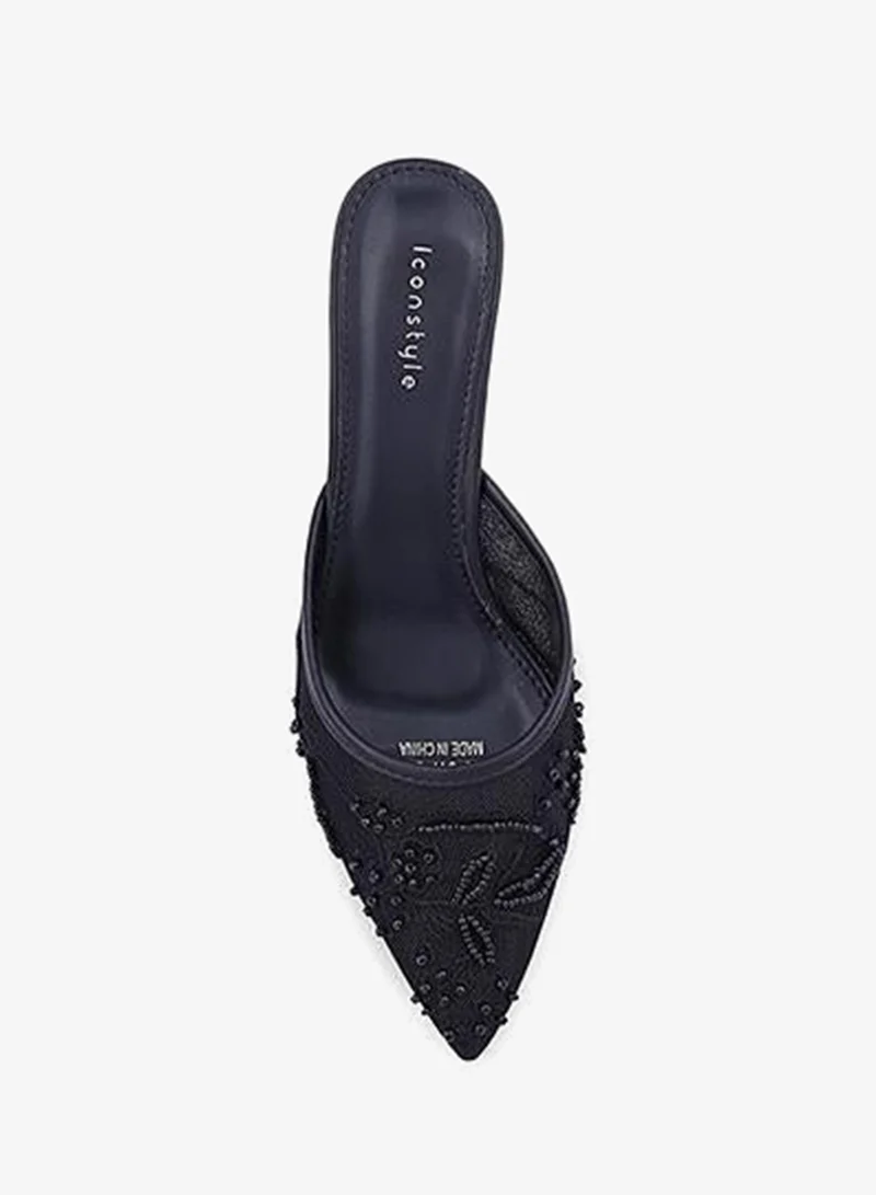 Iconstyle Black Womens floral embroidered heeled mules for Women | Best Price UAE