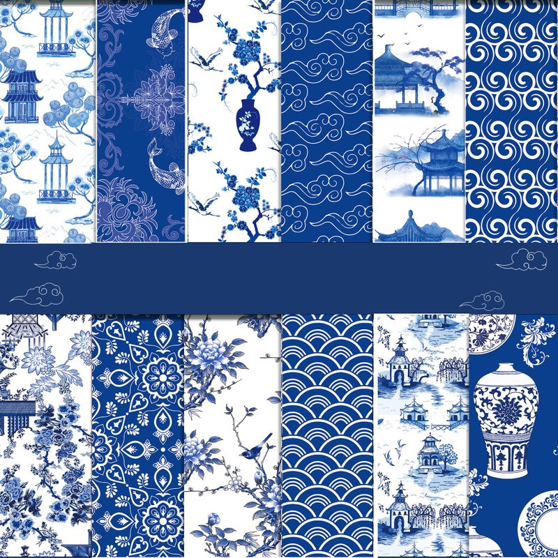 BHNACIER 24 Sheets Chinoiserie Pattern Paper Chinoiserie Scrapbook Paper 12 x 12 DoubleSided Chinese Blue and White Porcelain Patterned Decorative Craft Papers for DIY Making Cards12 Design - Image 3