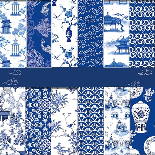 BHNACIER 24 Sheets Chinoiserie Pattern Paper Chinoiserie Scrapbook Paper 12 x 12 DoubleSided Chinese Blue and White Porcelain Patterned Decorative Craft Papers for DIY Making Cards12 Design - Image 1