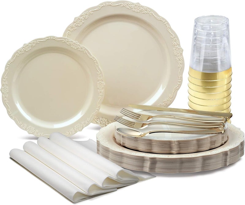OCCASIONS FINEST PLASTIC TABLEWARE OCCASIONS 640 Piece Disposable Dinnerware Set for 80 Guests, Elegant Plastic Plates, Gold Silverware, Cups, Linen-Like Napkins, Fancy Party Plates for Wedding, Birthday, Holiday, Verona Plain Ivory - Image 1