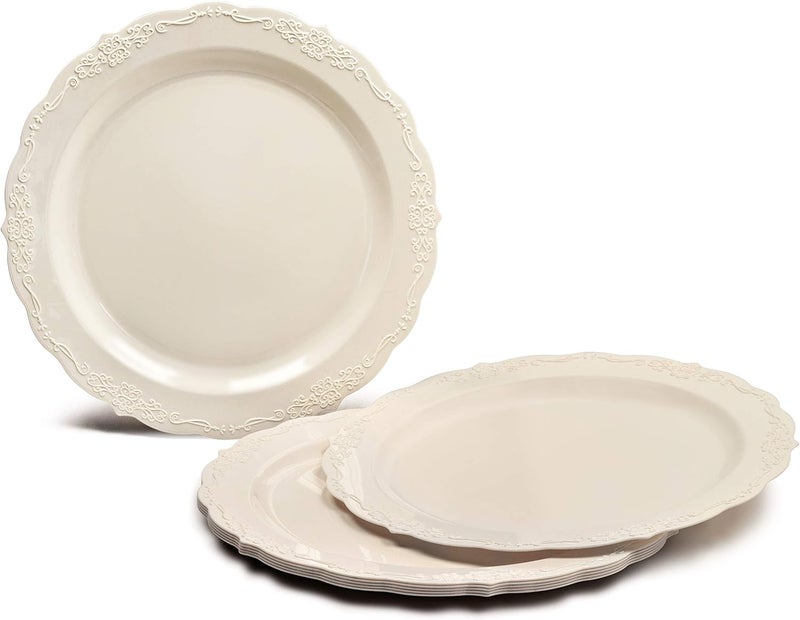 OCCASIONS FINEST PLASTIC TABLEWARE OCCASIONS 640 Piece Disposable Dinnerware Set for 80 Guests, Elegant Plastic Plates, Gold Silverware, Cups, Linen-Like Napkins, Fancy Party Plates for Wedding, Birthday, Holiday, Verona Plain Ivory - Image 2