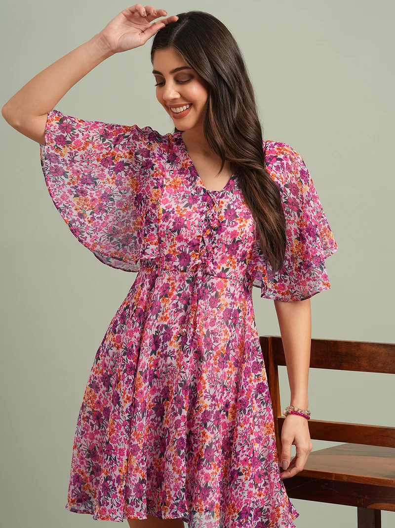 globus Women Pink V-Neck Flared Sleeves Floral Print Tie-Up Detail Mini A-Line Dress