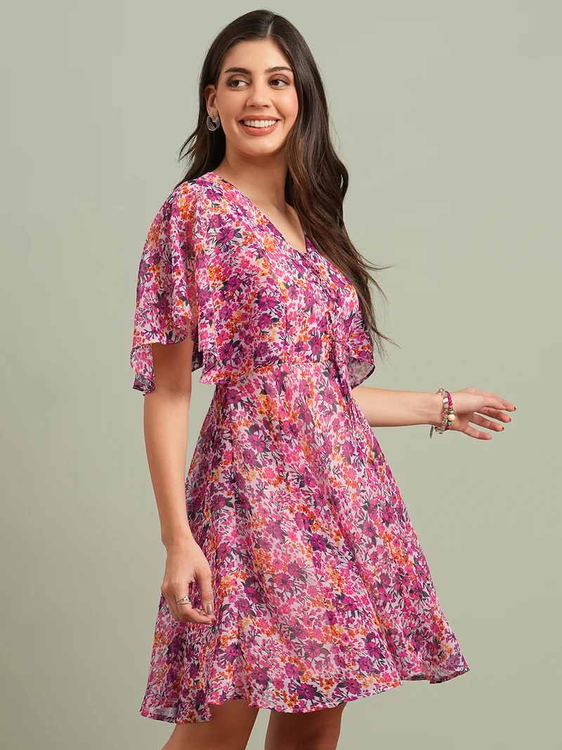 globus Women Pink V-Neck Flared Sleeves Floral Print Tie-Up Detail Mini A-Line Dress