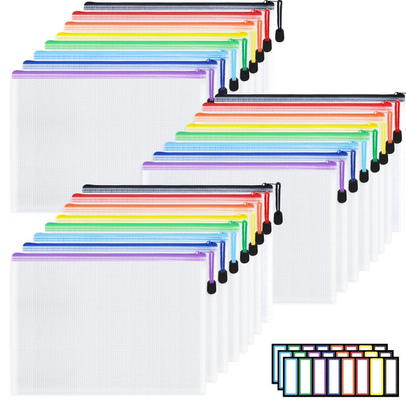 EOOUT 24pcs A4 Zipper Pouch Bags, Mesh Pouch Bags with Labels for Board Games & Puzzles Supplies, Waterproof Document Zipper Cases for School Toys Office Cosmetics Travel Storage,8 Colors - Image 1