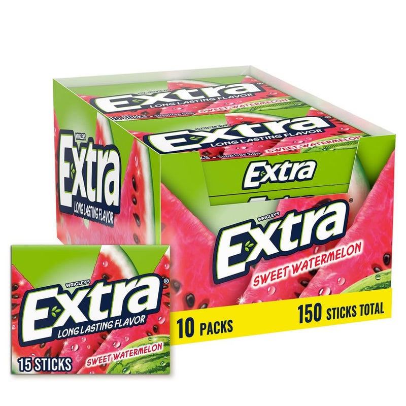 EXTRA Gum Sweet Watermelon Sugarfree Bulk Individually Wrapped Long Lasting Fruit Gum Watermelon Flavor Perfect for Fresh Breath at School Work  Travel 15 Count Pack of 10 - Image 3