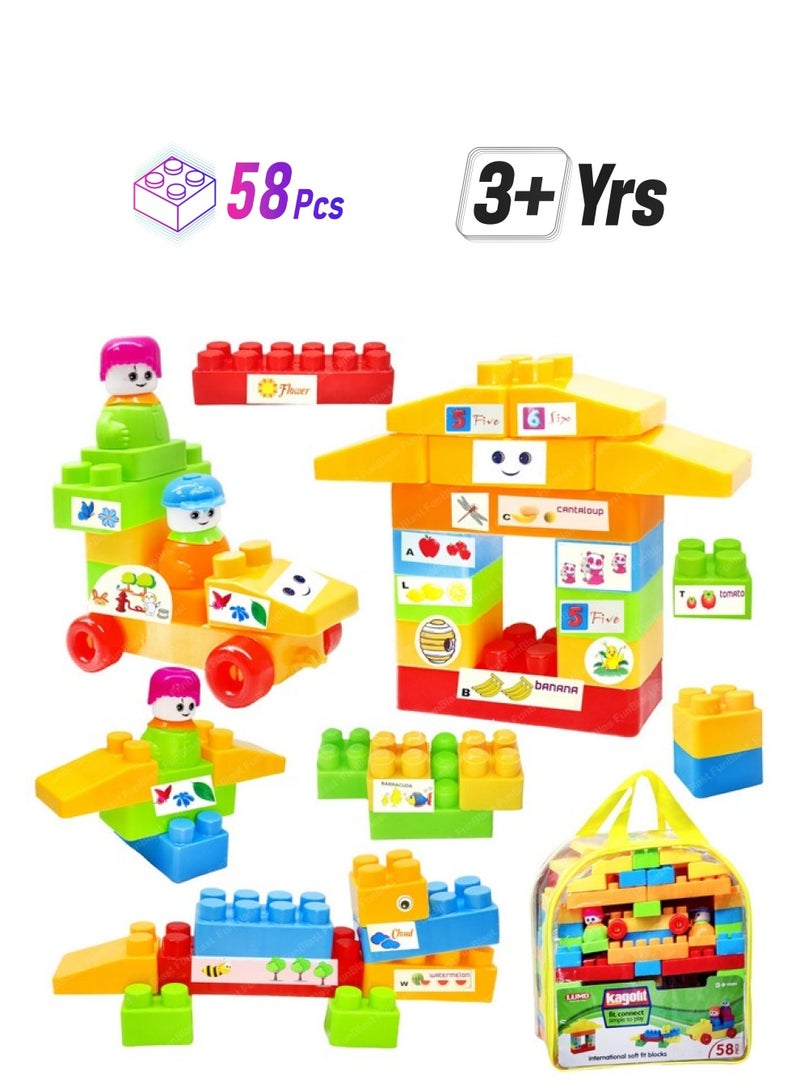 فنبلاست مكعبات بناء فن بلاست للأطفال - مكعبات بناء بلاستيكية اصنعها بنفسك، ألعاب ألغاز للأطفال، ألعاب تعليمية للأطفال من سن 3 سنوات فما فوق، للبنات والأولاد (58 قطعة - متعددة الألوان) - Image 1
