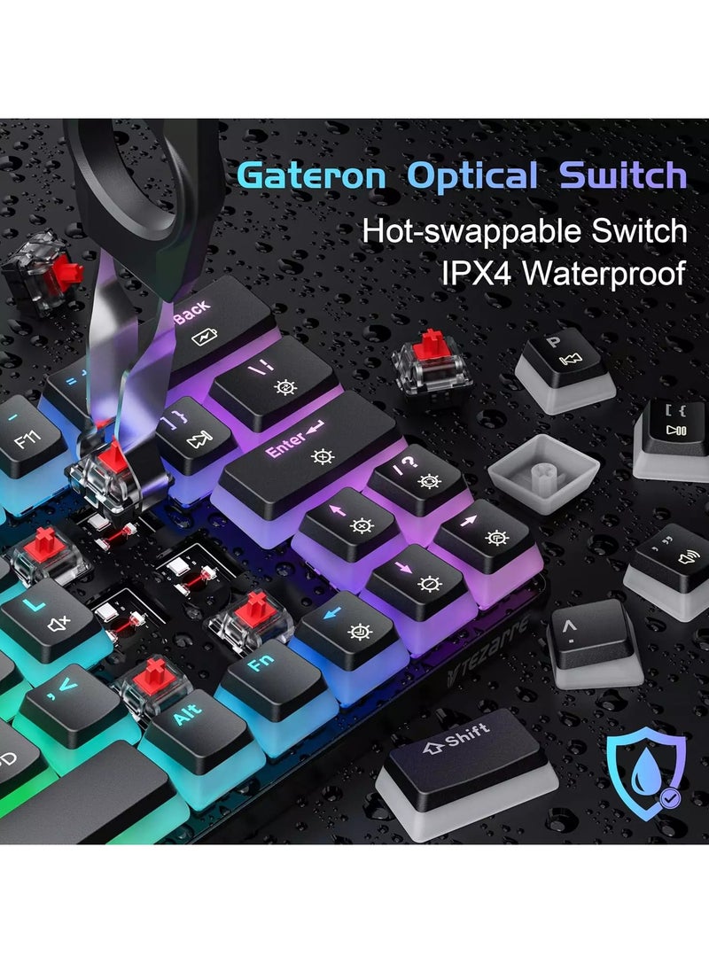 تيزار - لوحة مفاتيح TK63 ثلاثية الأوضاع لاسلكية، بلوتوث، سلكية RGB - مفتاح Gateron بني بصري قابل للتبديل السريع - أغطية مفاتيح Pudding (أسود) - Image 1