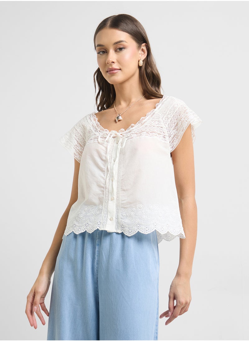 MANGO Cotton Blouse With Lace Details  - Image 1