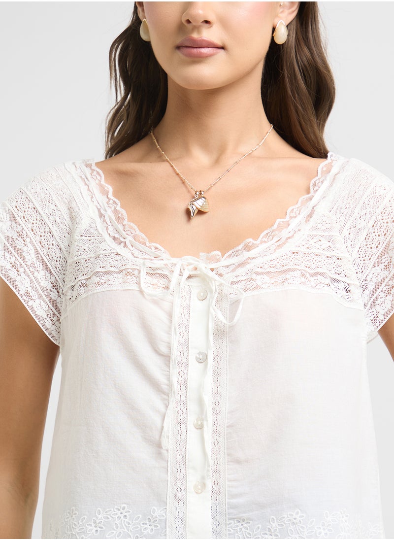 MANGO Cotton Blouse With Lace Details  - Image 3