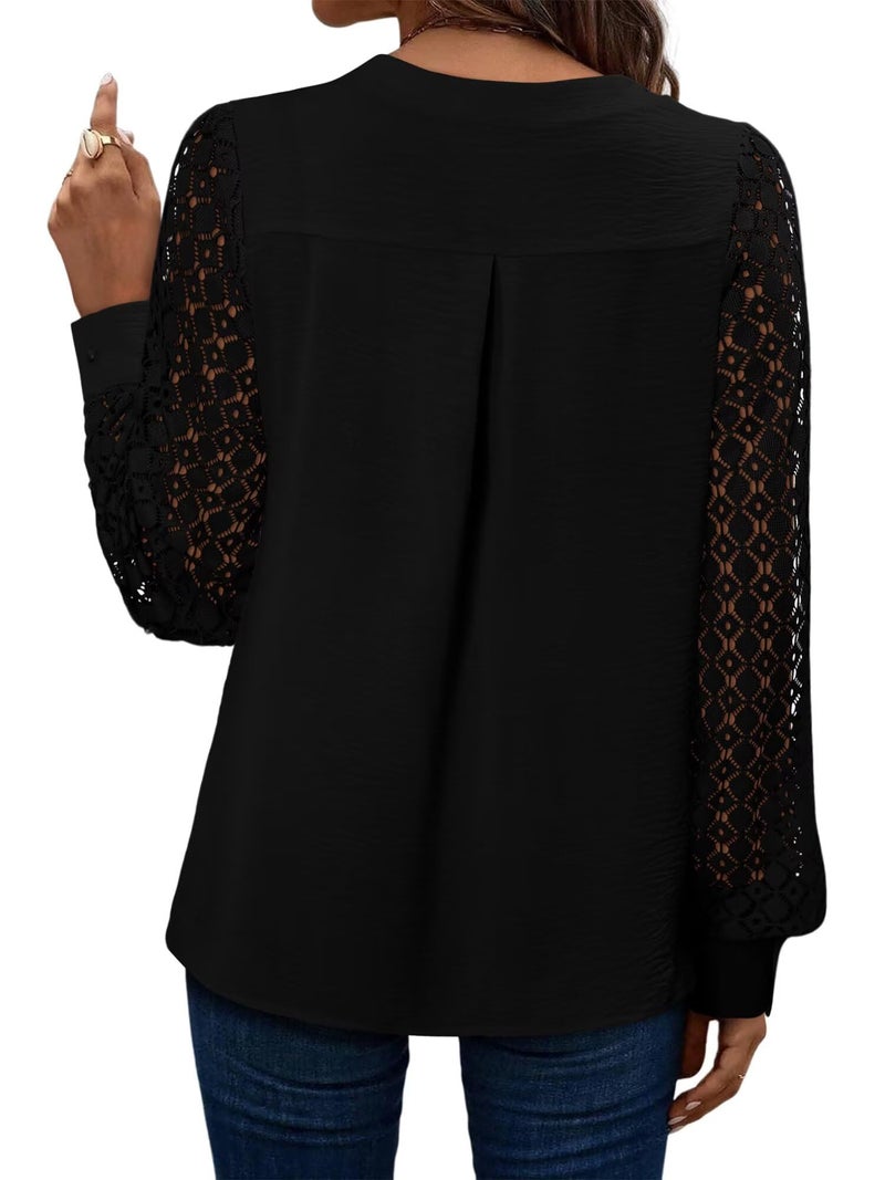 KISSMODA Black Lace Long Sleeve Tops Business Casual Blouses Professional Clothes Notch V Neck Tunic All Seasons Lantern Sleeve Polyester Black L - Image 4