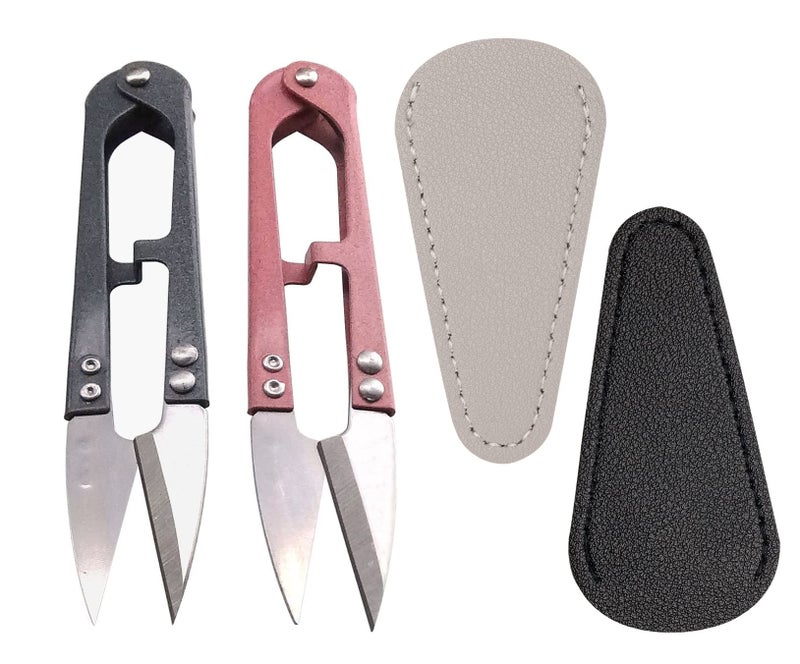 PENTA ANGEL 2Pcs Multicolor Mini Sewing Scissors Clipper 2Pcs Leather Scissors Sheath Cover Small Embroidery Thread Thrum Yarn Trimming Nipper U-Shaded Craft Cross Stitch Scissor(Pink/Gray) - Image 1