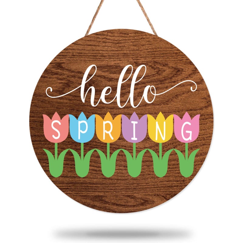 Whaline Hello Spring Wooden Hanging Sign Rustic Tulip Flower Door Hanger Farmhouse Floral Wood Welcome Sign for Holiday Home Coffee Shop Bakery Window Door Decoration 12 x 12 Inch