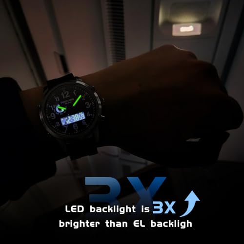 PINDOWS Watches for Men, 30M Waterproof Military Digital Analog Outdoor Sport Watch Multifunctional Wristwatch with Dual Time LED Backlight Alarm Stopwatch Calendar - Image 5