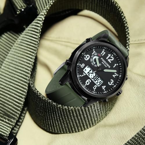 PINDOWS Watches for Men, 30M Waterproof Military Digital Analog Outdoor Sport Watch Multifunctional Wristwatch with Dual Time LED Backlight Alarm Stopwatch Calendar - Image 4