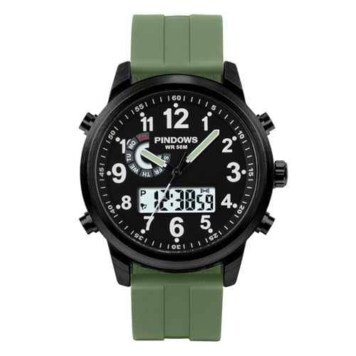 PINDOWS Watches for Men, 30M Waterproof Military Digital Analog Outdoor Sport Watch Multifunctional Wristwatch with Dual Time LED Backlight Alarm Stopwatch Calendar - Image 2